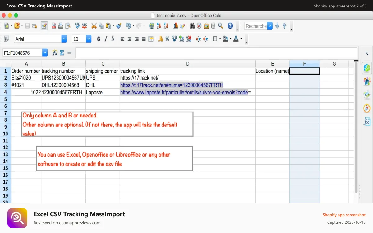 Excel CSV Tracking MassImport Shopify app screenshot: CSV file with all the tracking numbers
