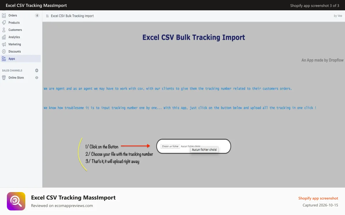 Excel CSV Tracking MassImport Shopify app screenshot: One click upload ! And all your orders are fulfilled !