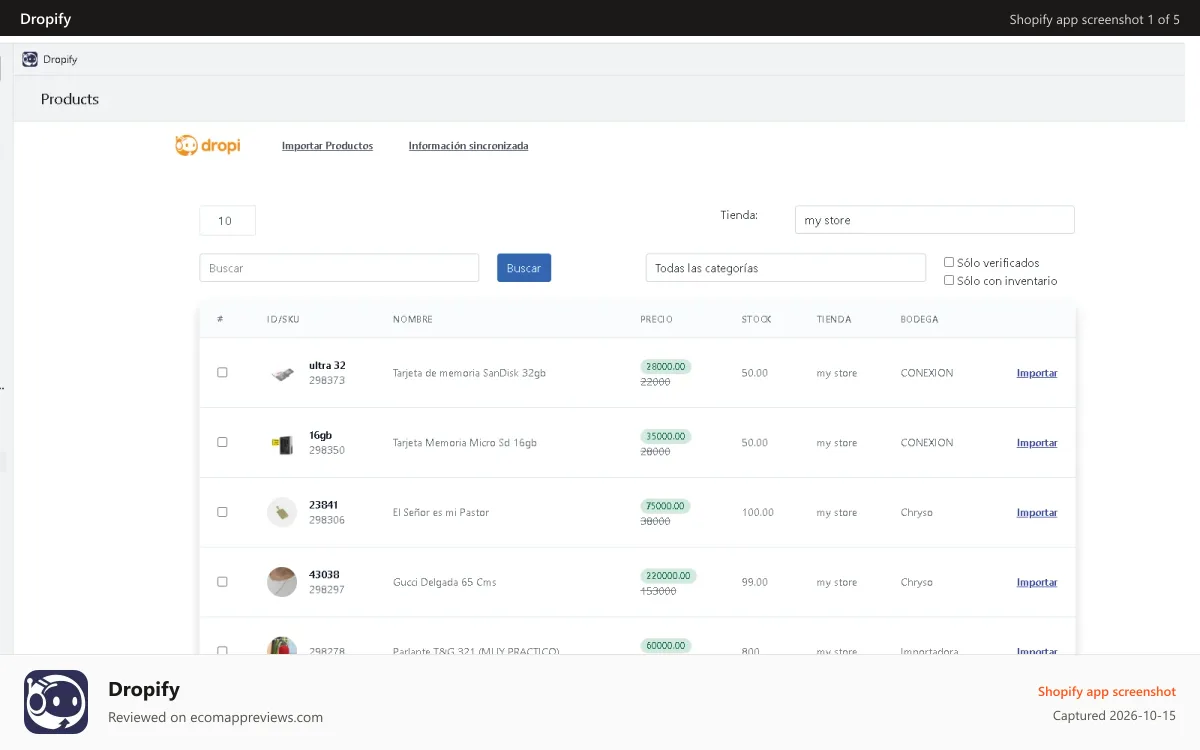 Dropify Shopify app screenshot: Listar productos de dropi