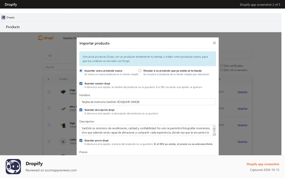 Dropify Shopify app screenshot: Modificar producto antes de importar