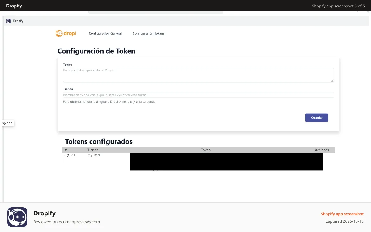 Dropify Shopify app screenshot: Configurar token