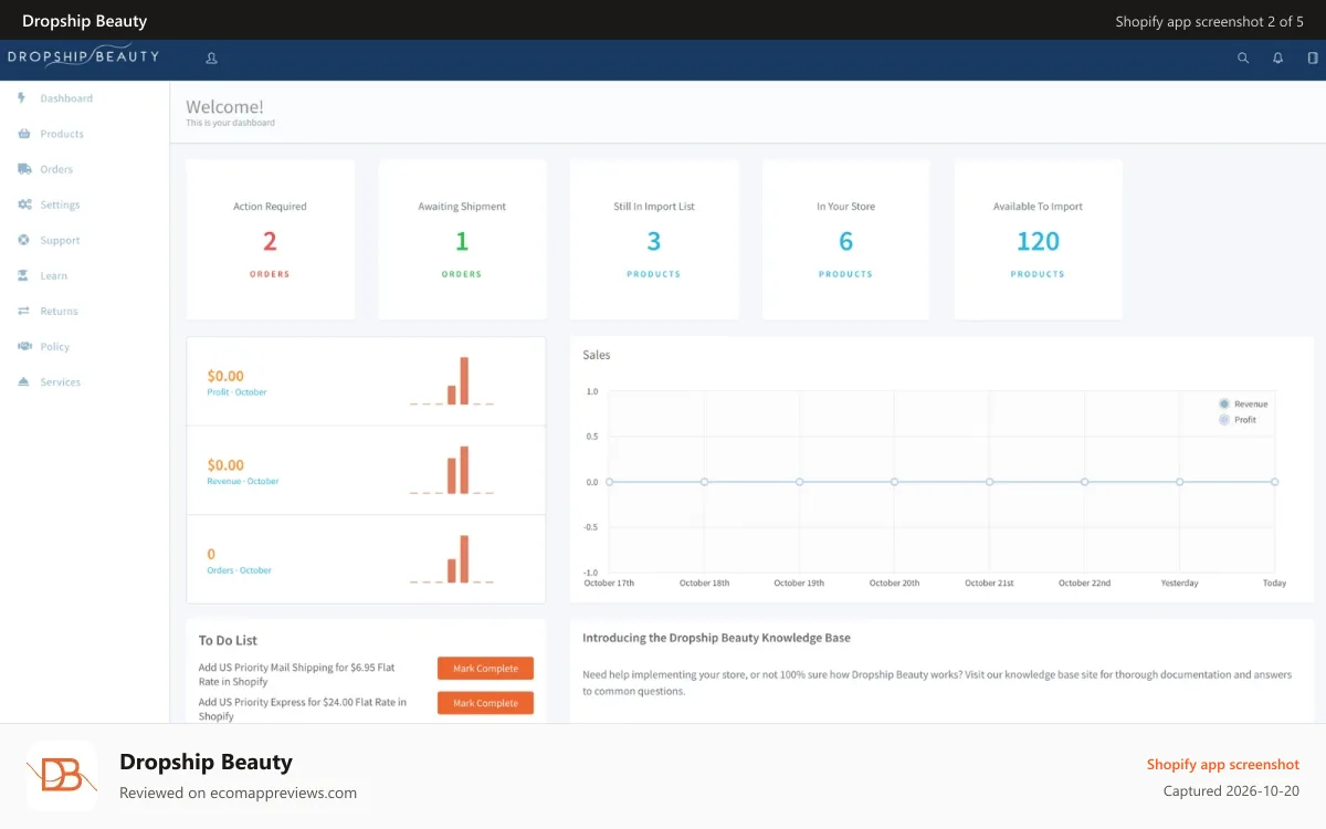 Dropship Beauty Shopify app screenshot: Dropship Beauty Dashboard
