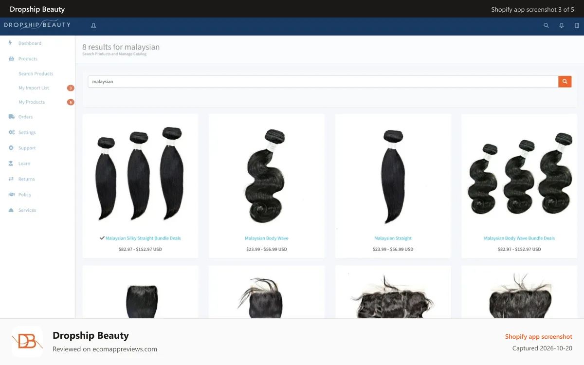 Dropship Beauty Shopify app screenshot: Hair Extension Products