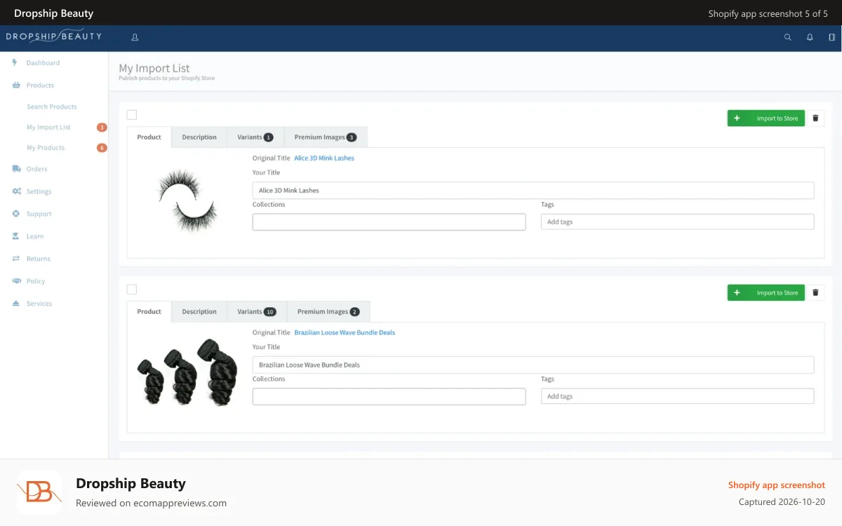 Dropship Beauty Shopify app screenshot: Import products