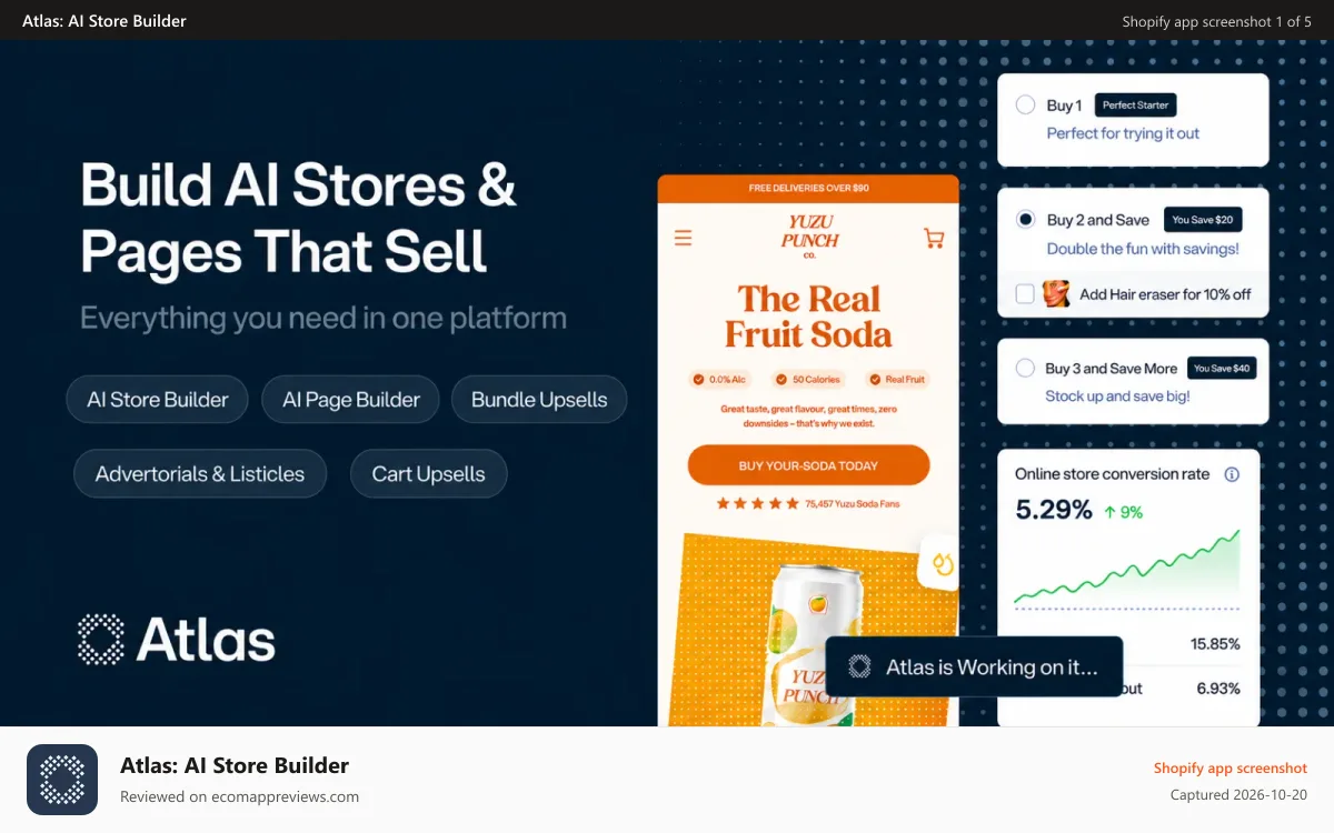 Atlas: AI Store Builder Shopify app screenshot: Build AI stores & pages that sell