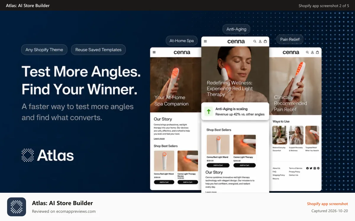 Atlas: AI Store Builder Shopify app screenshot: Test more angles. Find your winner.