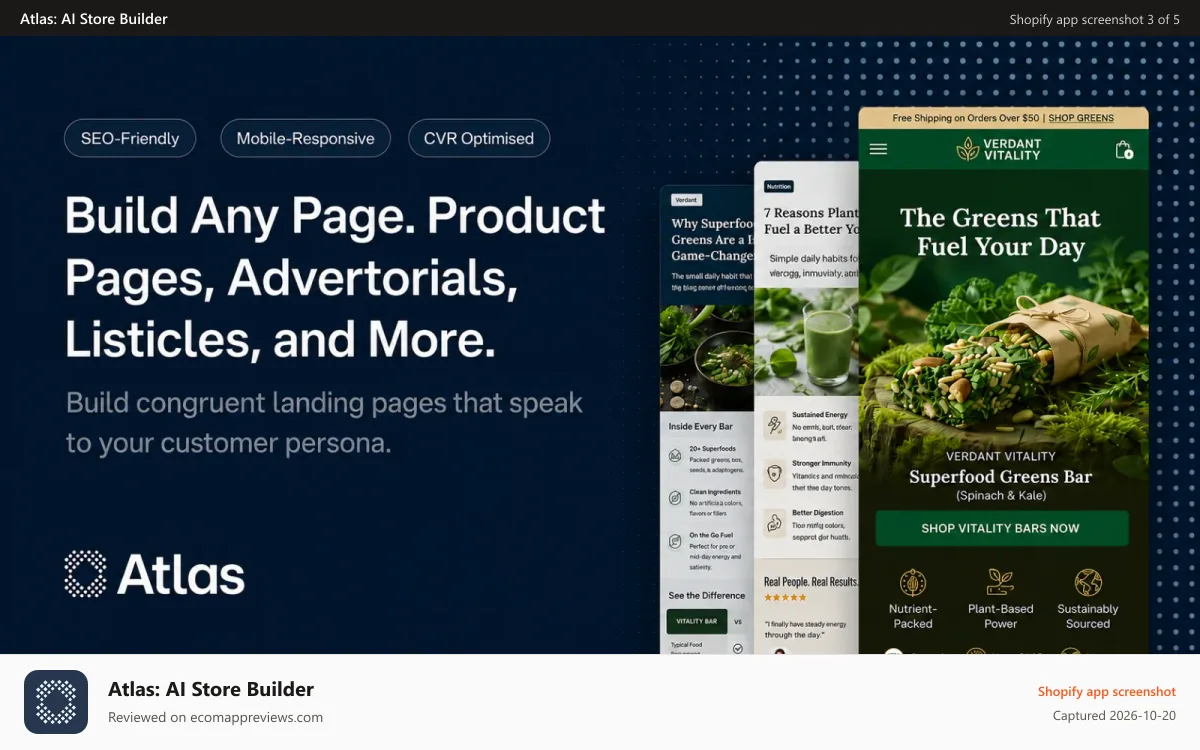 Atlas: AI Store Builder Shopify app screenshot: Build any page. Product pages, advertorials, listicles and more.