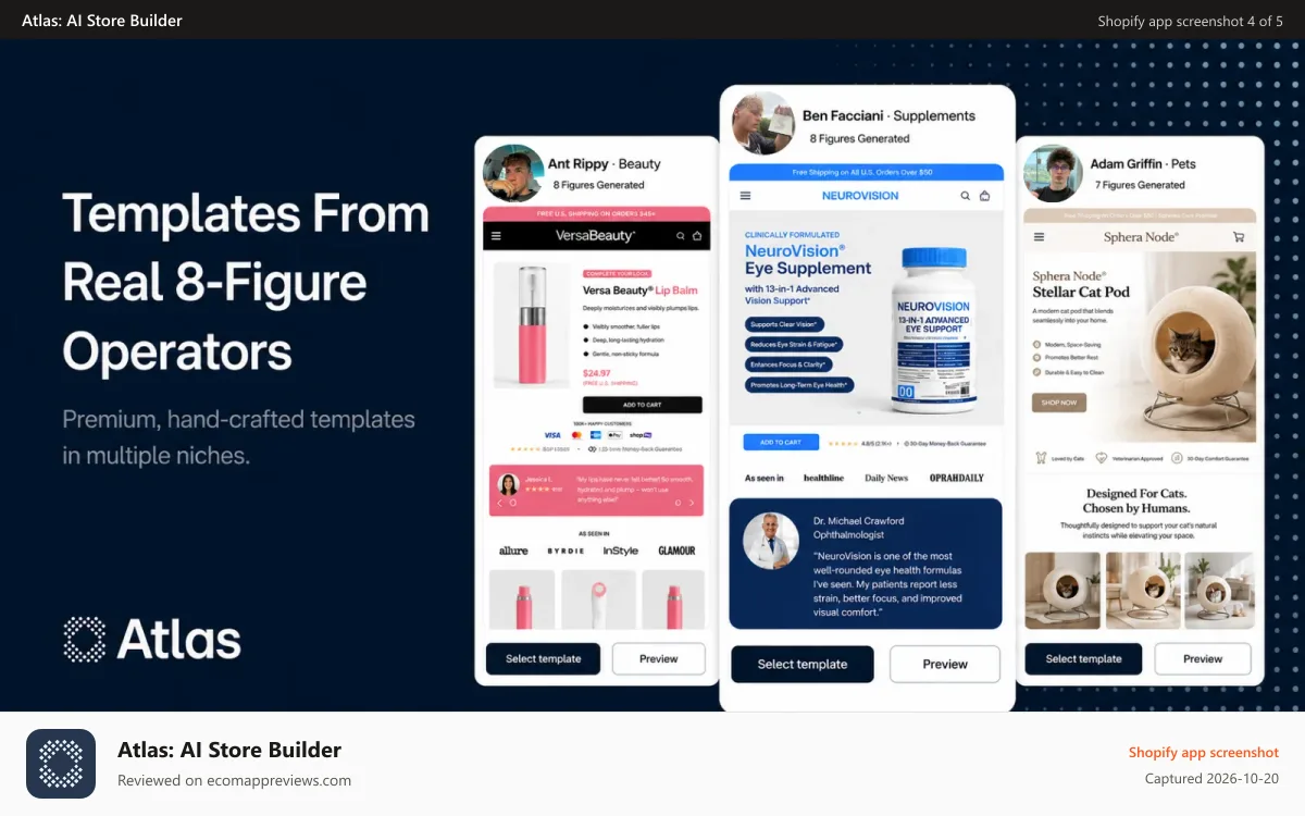 Atlas: AI Store Builder Shopify app screenshot: Templates from real 8-figure operators.
