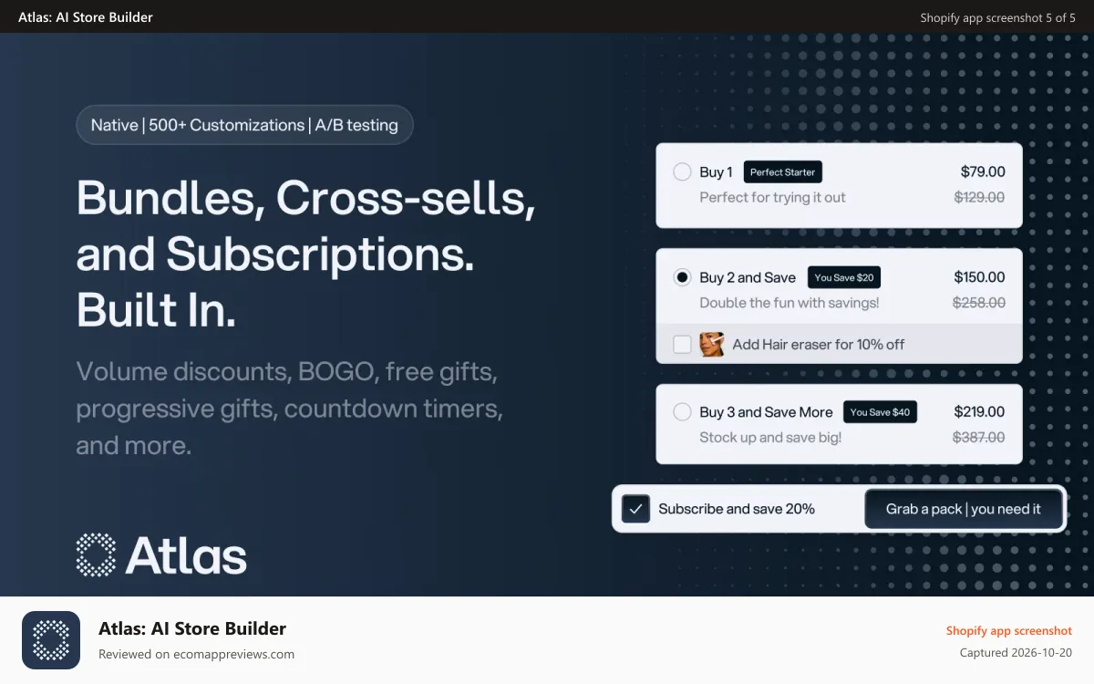 Atlas: AI Store Builder Shopify app screenshot: Bundles, cross-sells, and subscriptions. Built in.