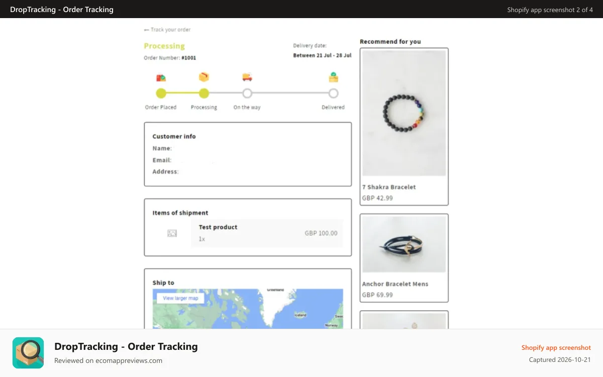 DropTracking ‑ Order Tracking Shopify app screenshot: Custom Tracking Page