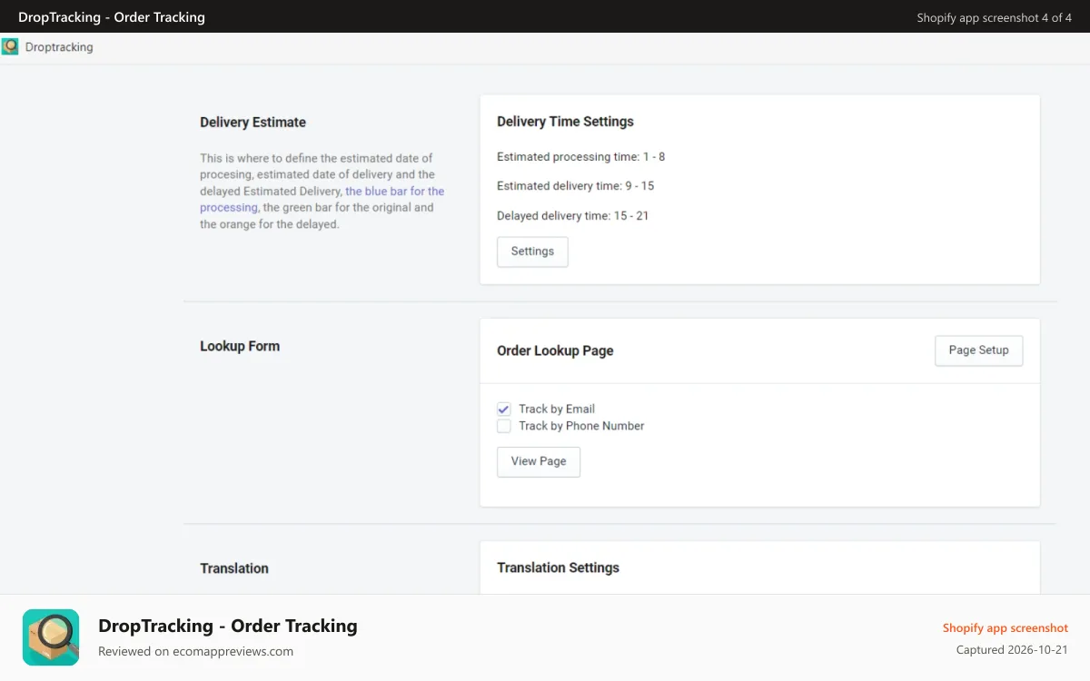 DropTracking ‑ Order Tracking Shopify app screenshot: Custom Tracking Delivery Time