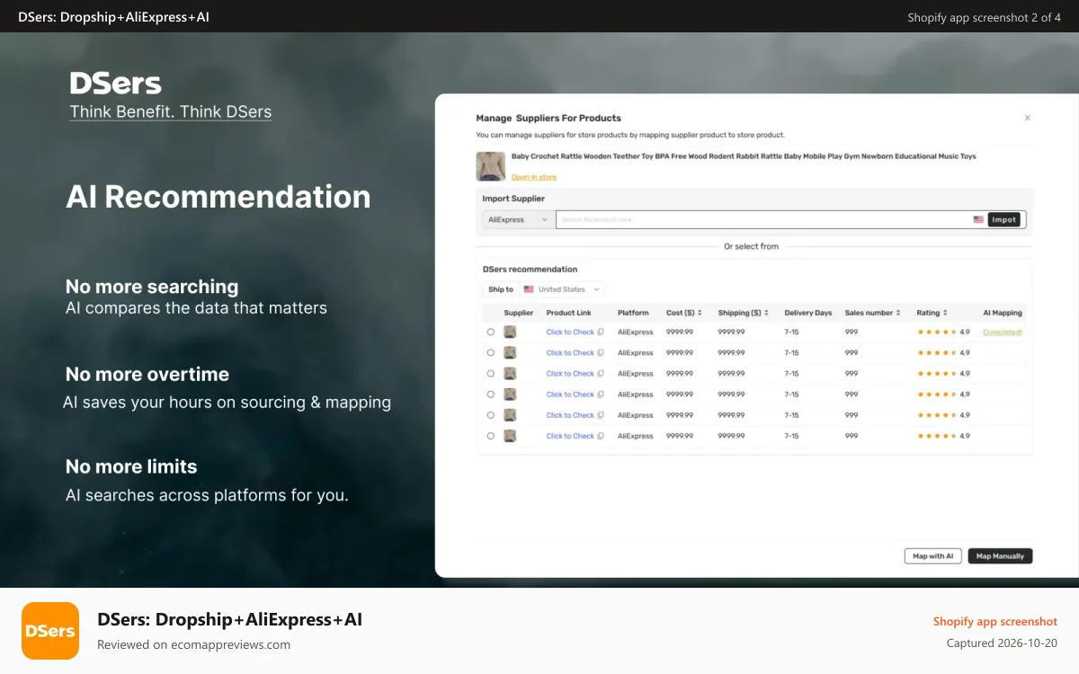 DSers: Dropship+AliExpress+AI Shopify app screenshot: AI powered supplier selection accross platforms and AI mapping