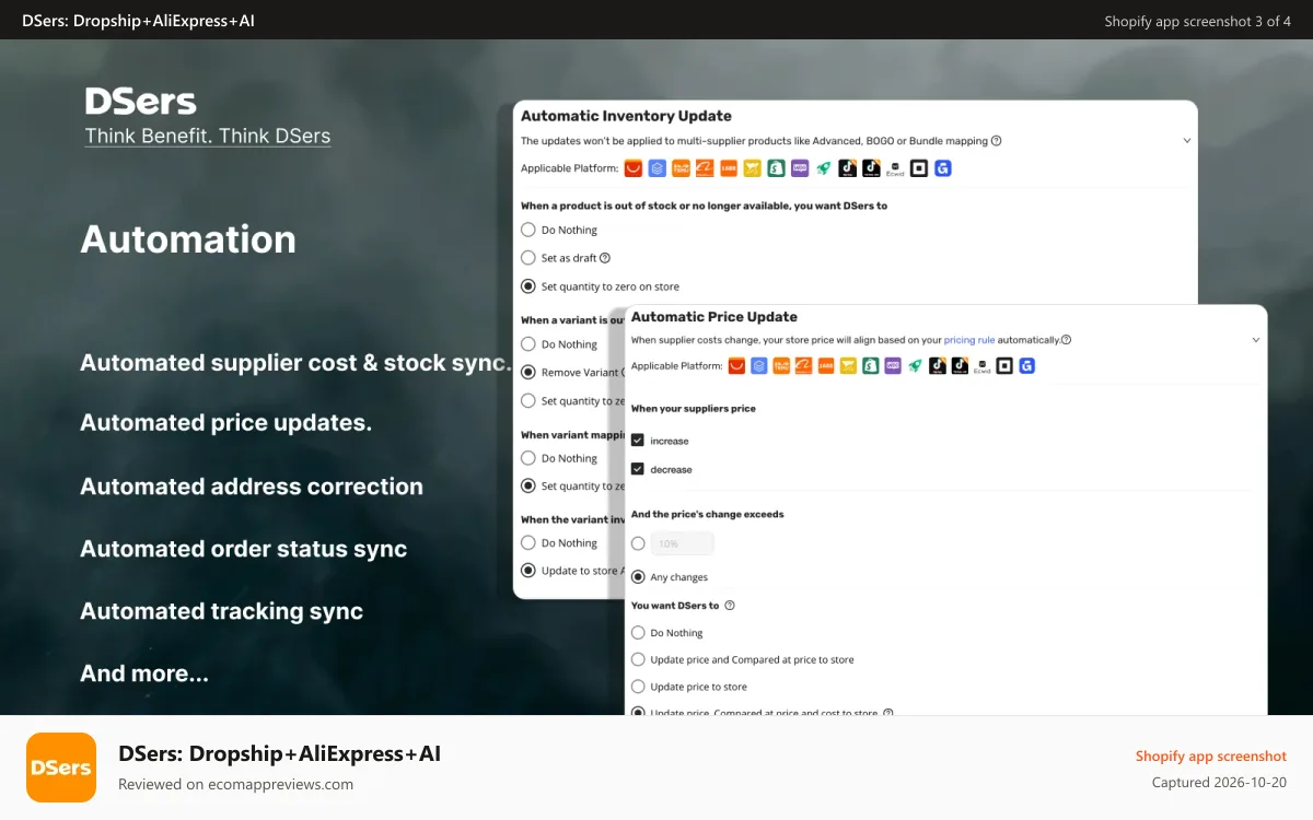 DSers: Dropship+AliExpress+AI Shopify app screenshot: Auto-update cost/selling price/order&track ID,correct address