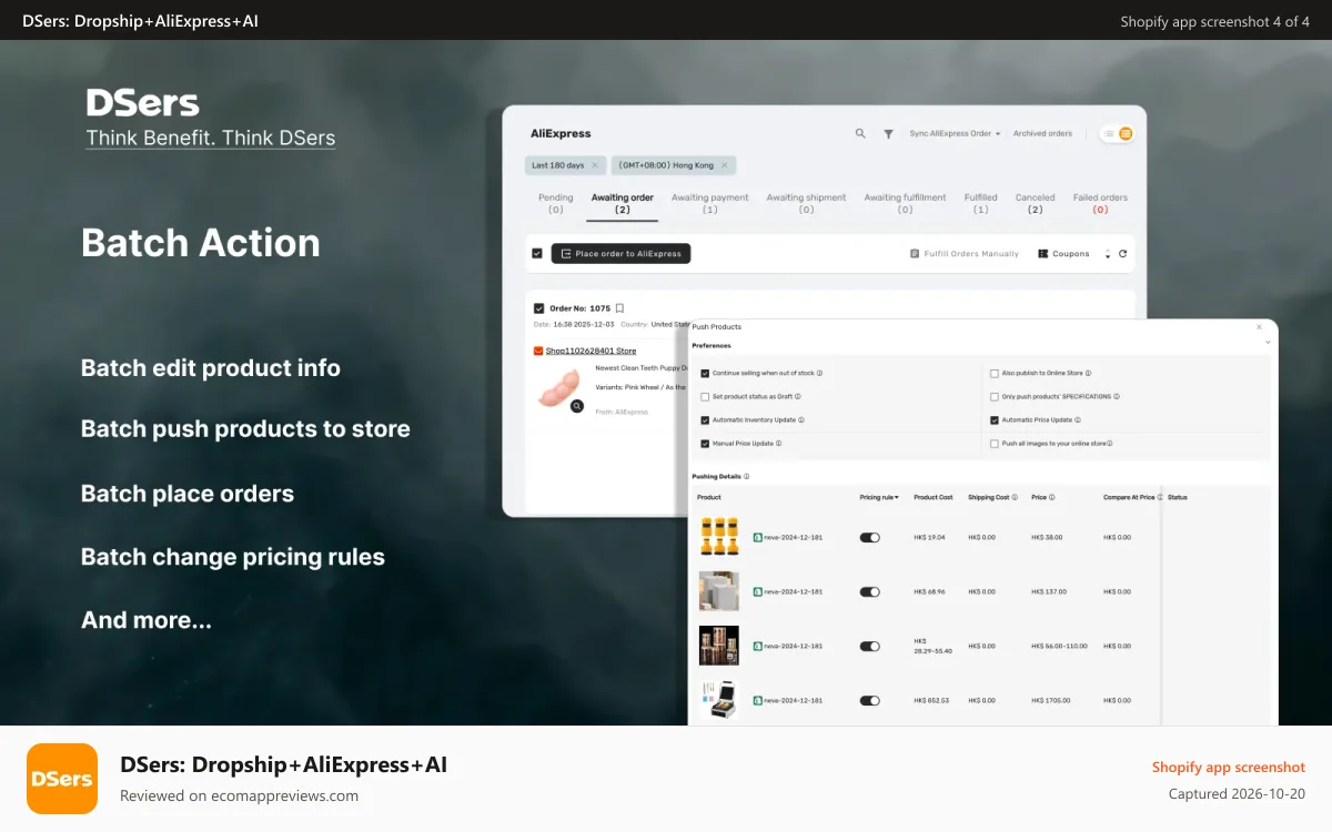 DSers: Dropship+AliExpress+AI Shopify app screenshot: Bulk edit&push product/process orders/apply new pricing rule