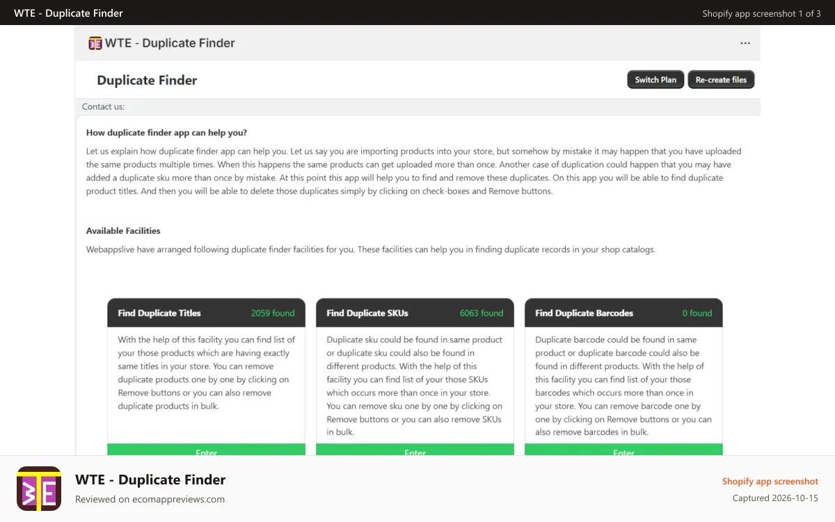 WTE ‑ Duplicate Finder Shopify app screenshot: Duplicate finder dashboard