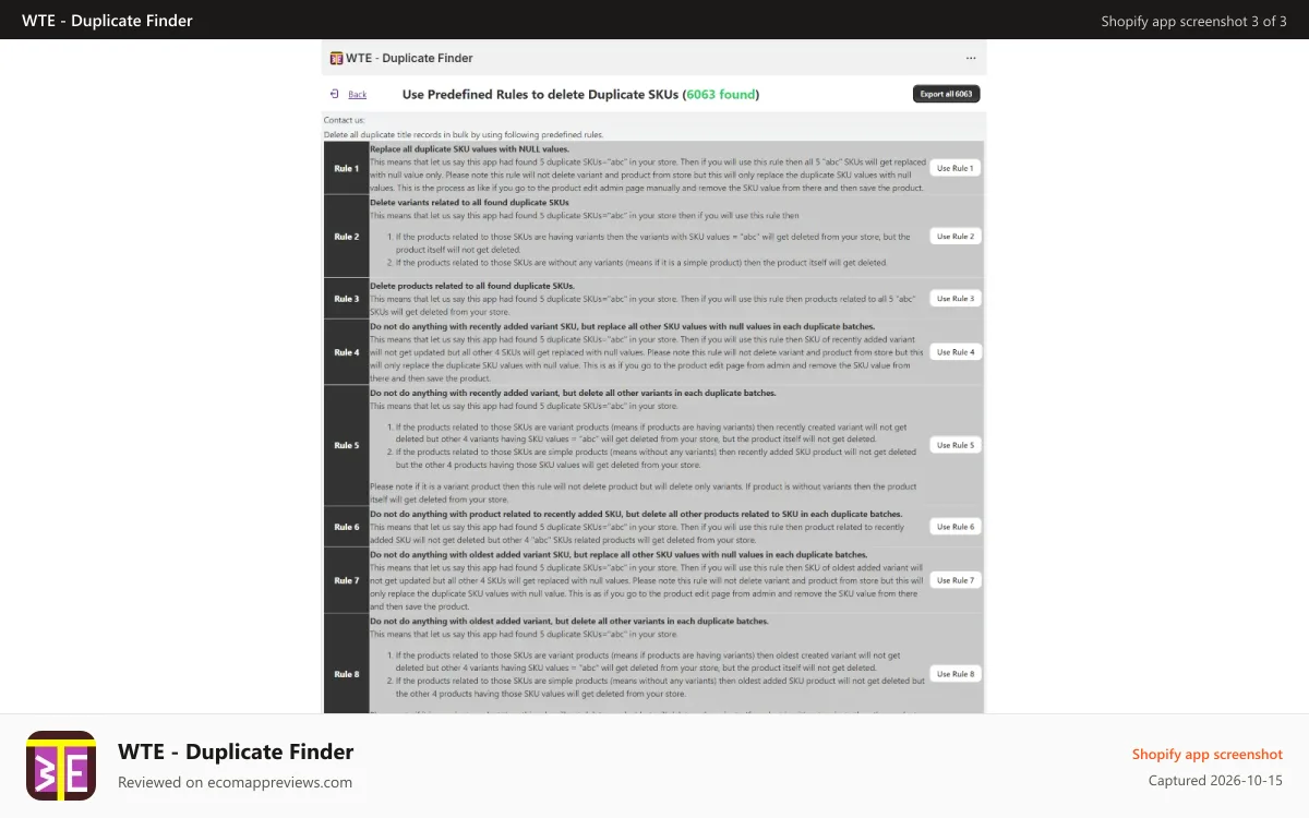 WTE ‑ Duplicate Finder Shopify app screenshot: Duplicate Finder Predefined Rules