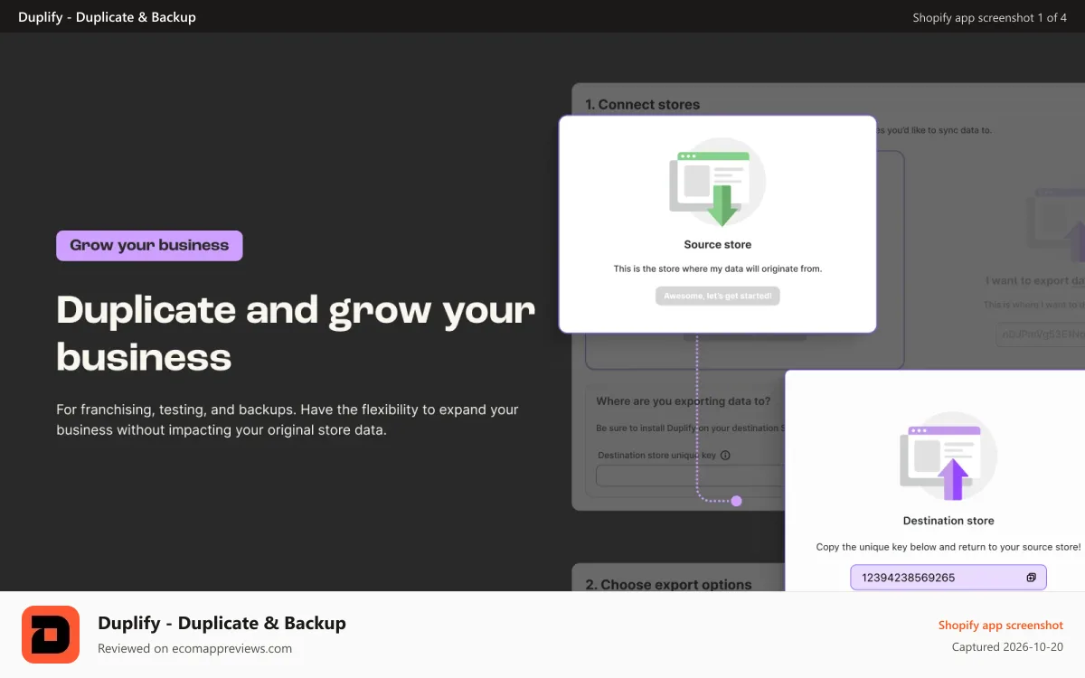 Duplify ‑ Duplicate & Backup Shopify app screenshot: Grow your global business! Sync from one store to another.