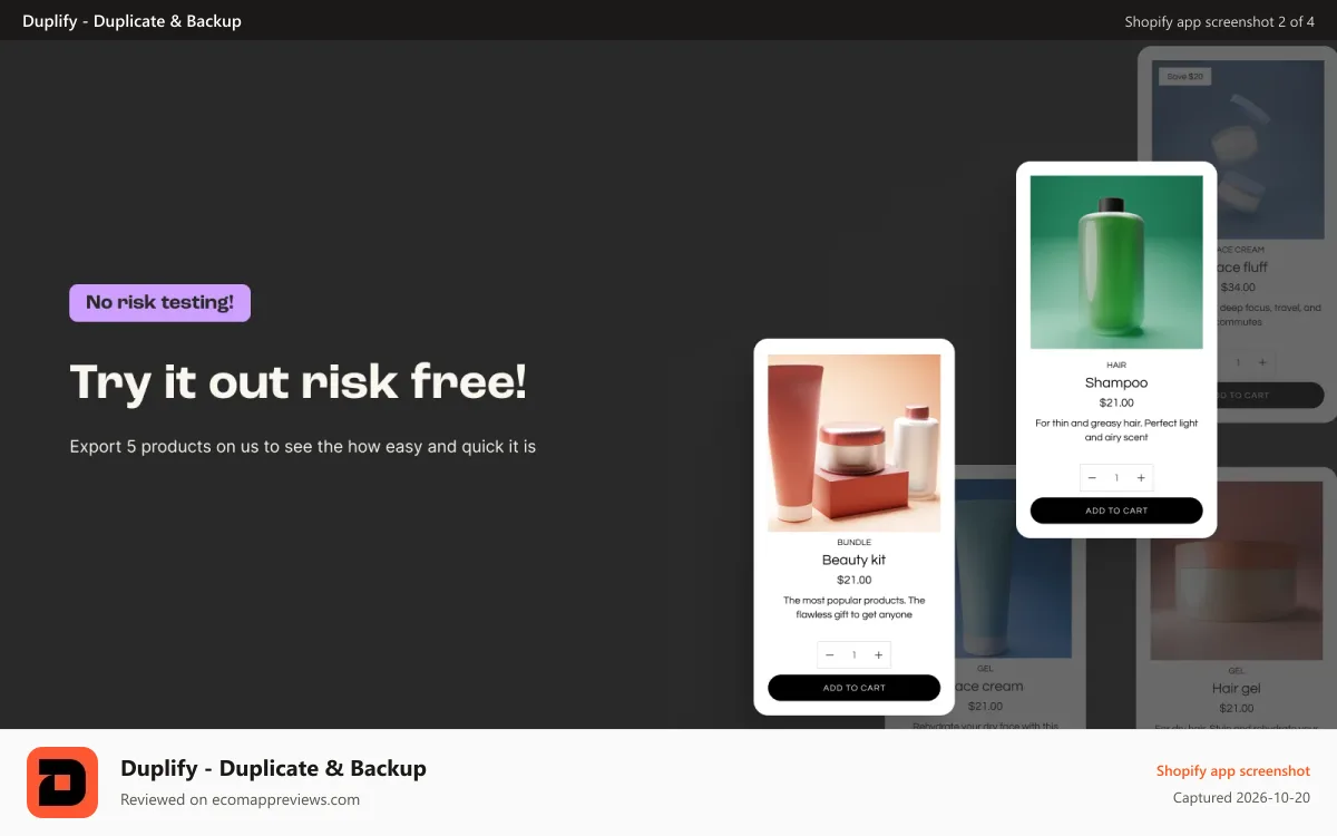 Duplify ‑ Duplicate & Backup Shopify app screenshot: Try it out, export 5 products for FREE.