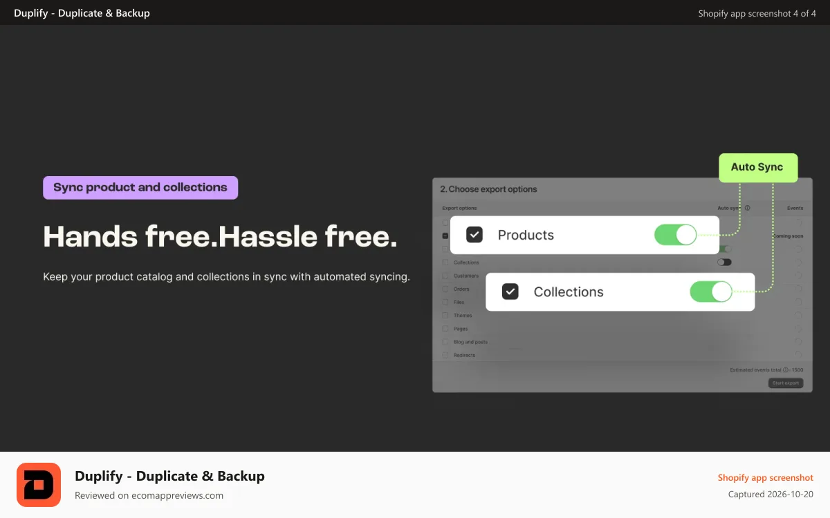 Duplify ‑ Duplicate & Backup Shopify app screenshot: Control what you want exported.