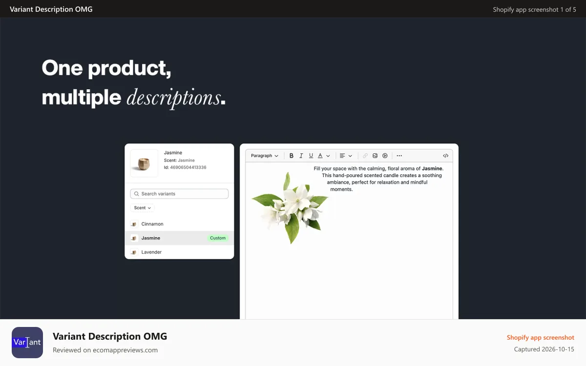 Variant Description OMG Shopify app screenshot: Admin editor with variant-specific description