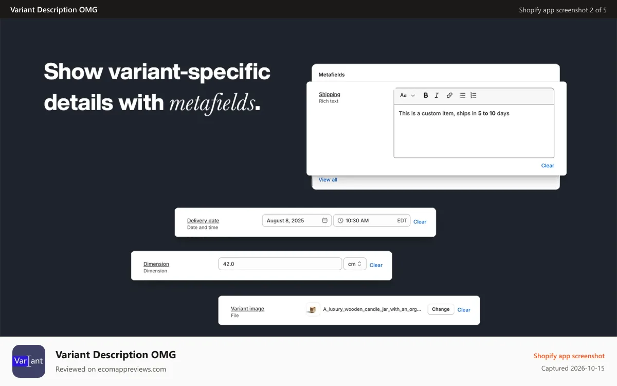 Variant Description OMG Shopify app screenshot: Variant-specific details added with custom metafields