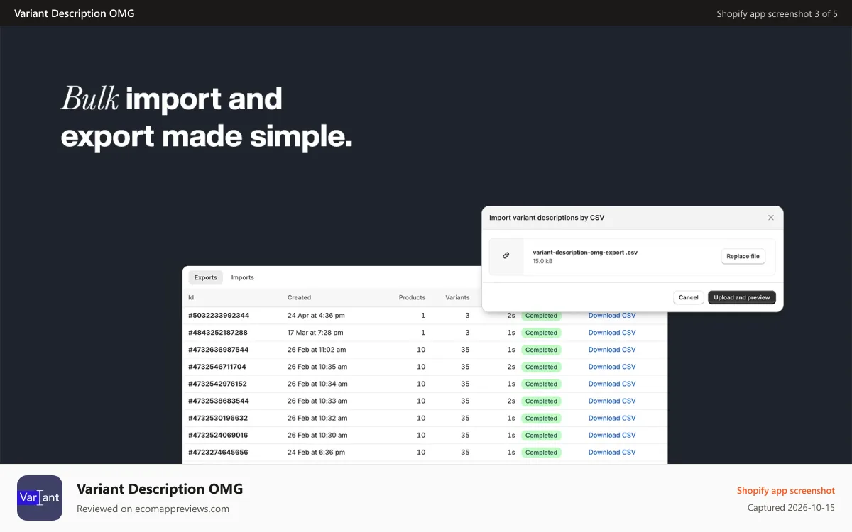 Variant Description OMG Shopify app screenshot: Admin view showing a bulk import/export table with CSV