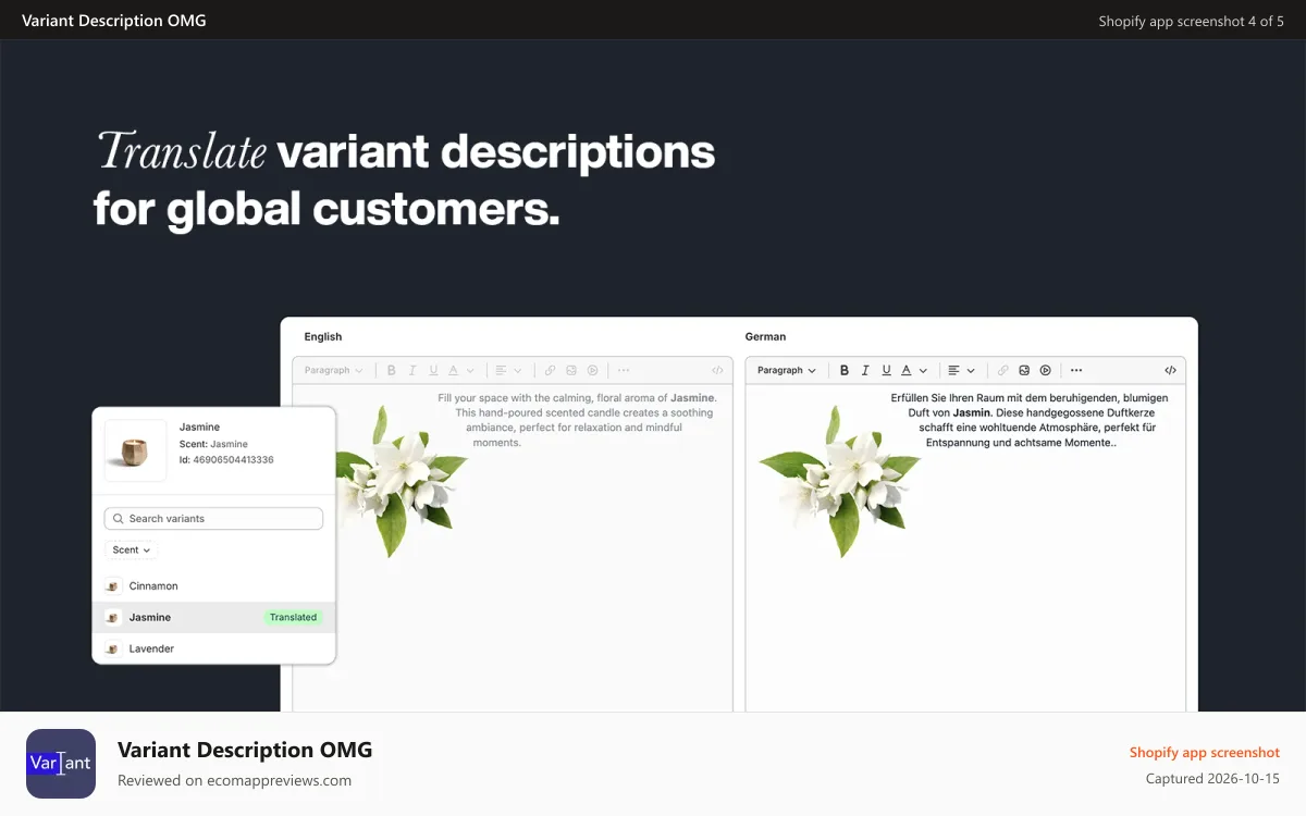 Variant Description OMG Shopify app screenshot: Editor interface showing English and German variant descriptions