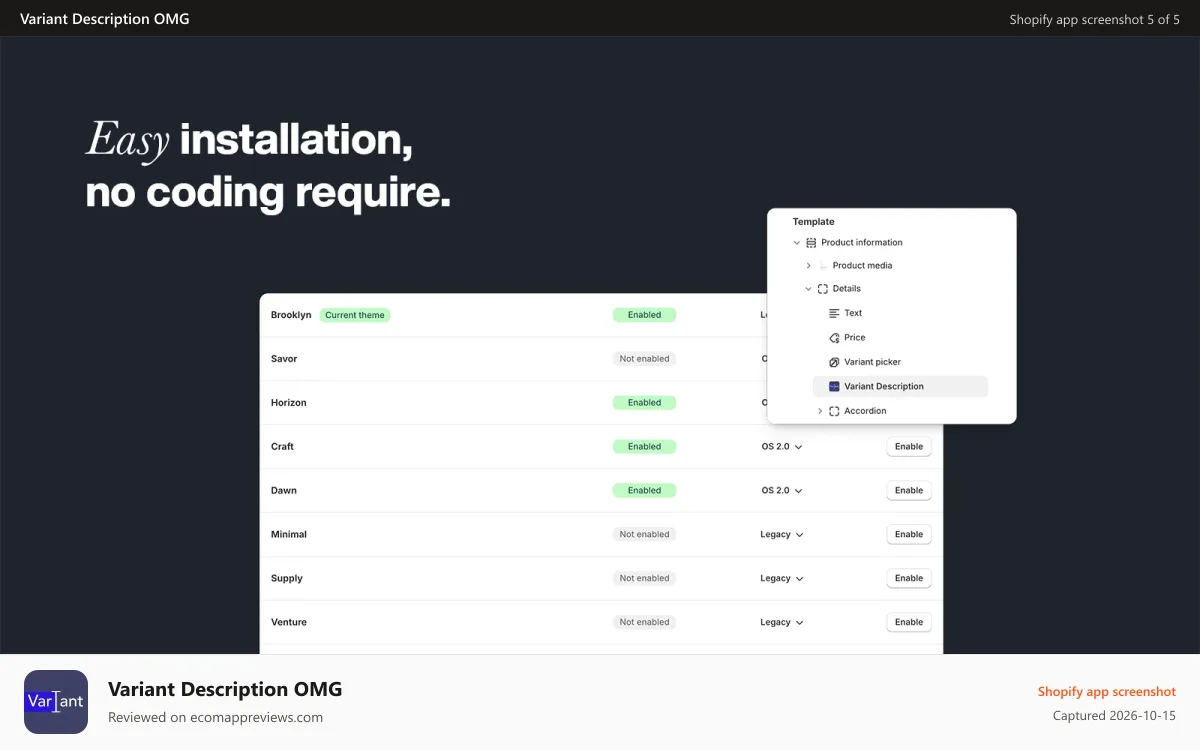 Variant Description OMG Shopify app screenshot: Theme editor view showing easy installation of the app block