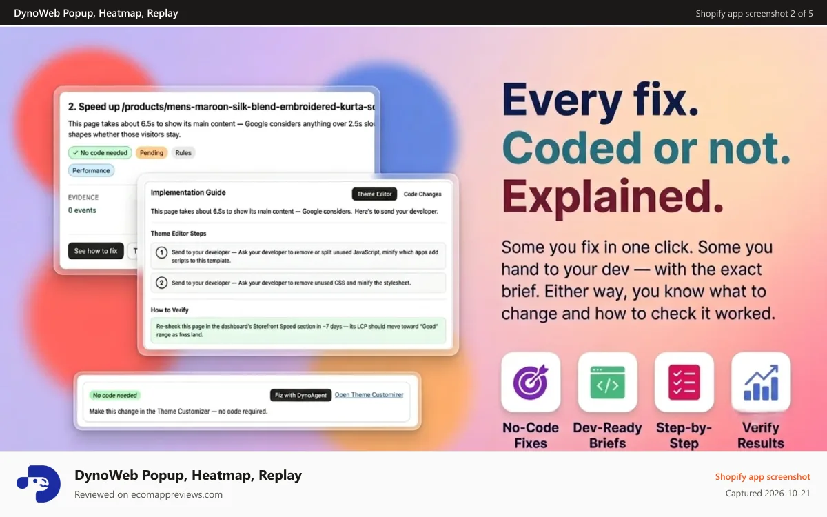 DynoWeb Popup, Heatmap, Replay Shopify app screenshot: Get all data backed suggestions with implementation guide