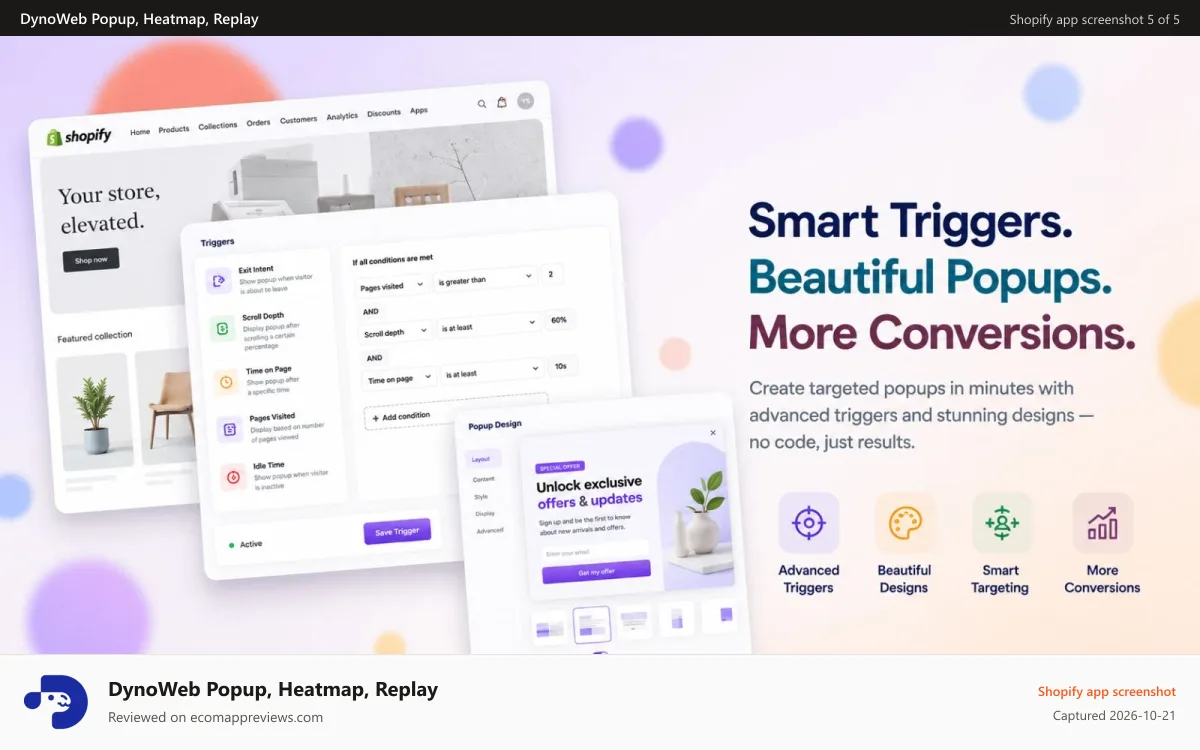 DynoWeb Popup, Heatmap, Replay Shopify app screenshot: use smartnudge to get real time pop up in your storefront