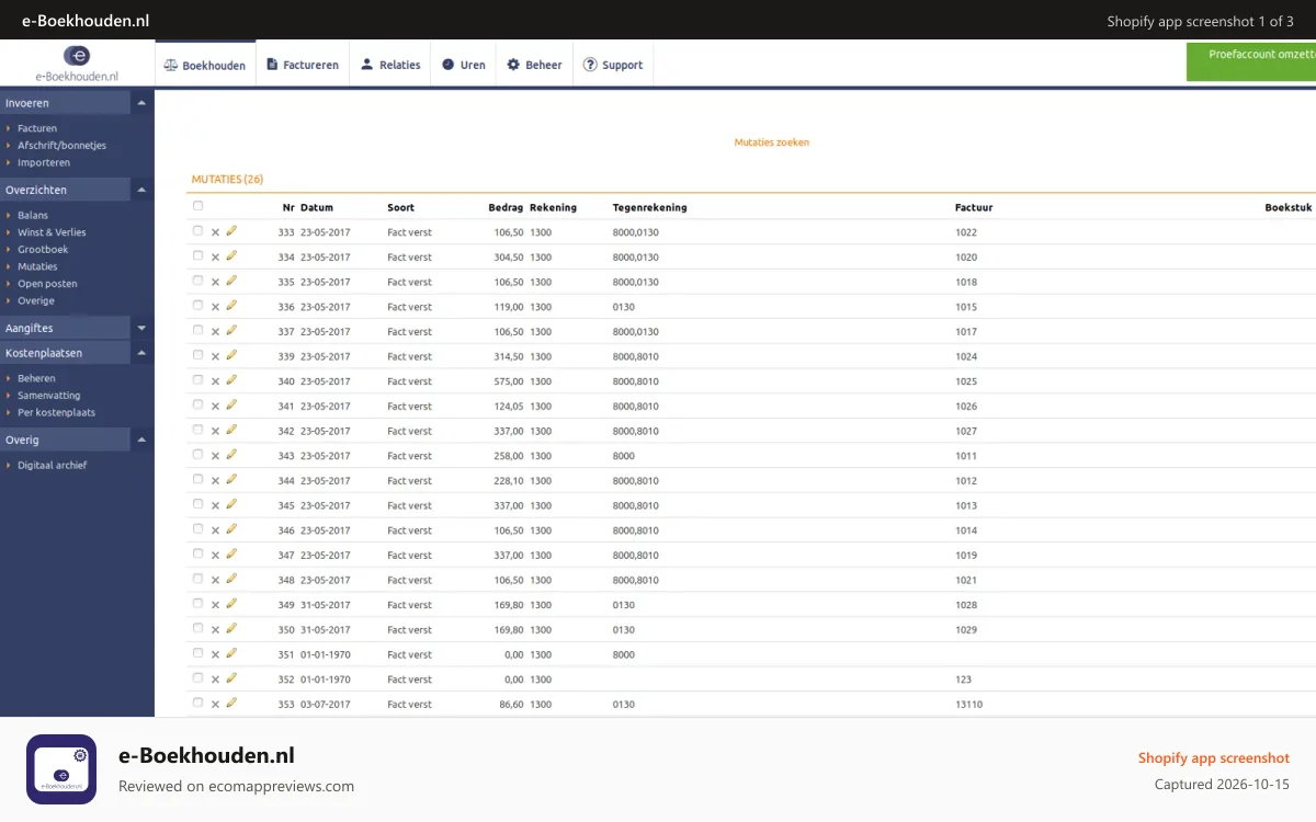 e‑Boekhouden.nl Shopify app screenshot: eboekhouden mutaties