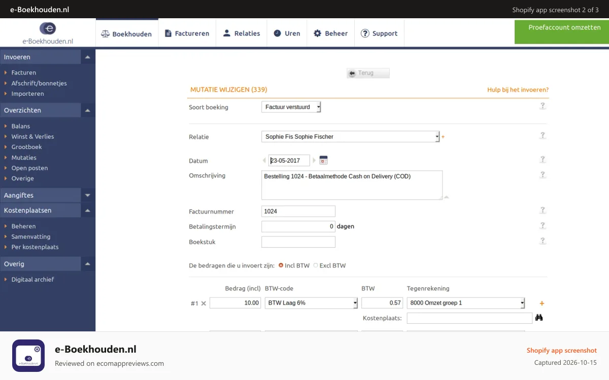 e‑Boekhouden.nl Shopify app screenshot: eboekhouden mutatie
