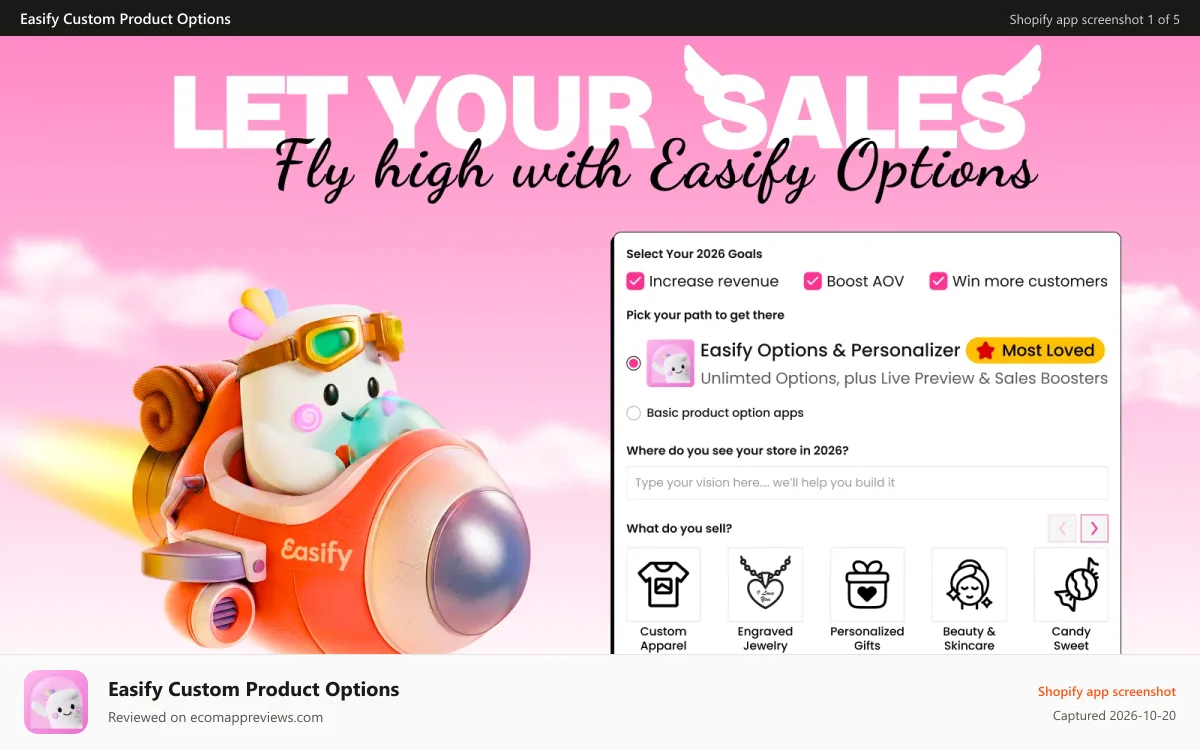 Easify Custom Product Options Shopify app screenshot: Custom Product Options Variants Product Personalizer Customizer