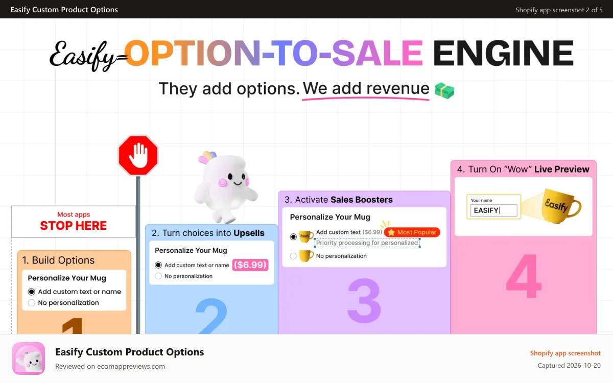 Easify Custom Product Options Shopify app screenshot: live product customizer, live preview, customized product