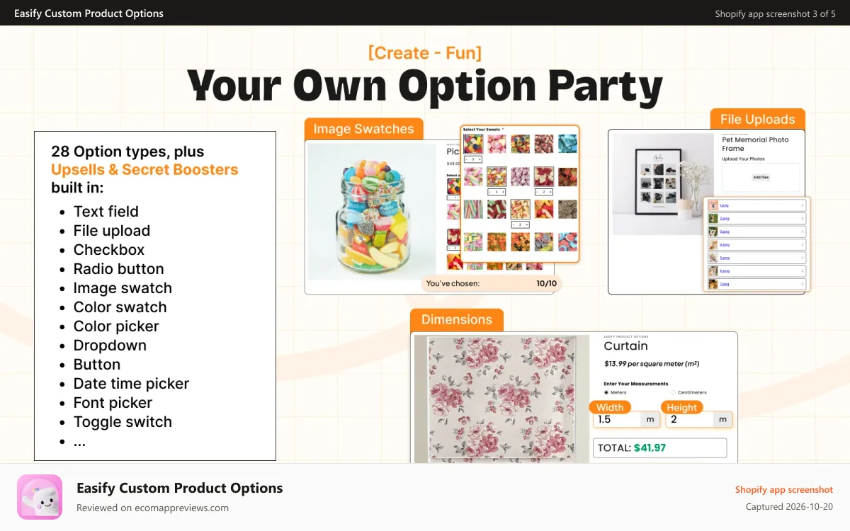 Easify Custom Product Options Shopify app screenshot: Custom Products, Custom Product Builder, Product Builder