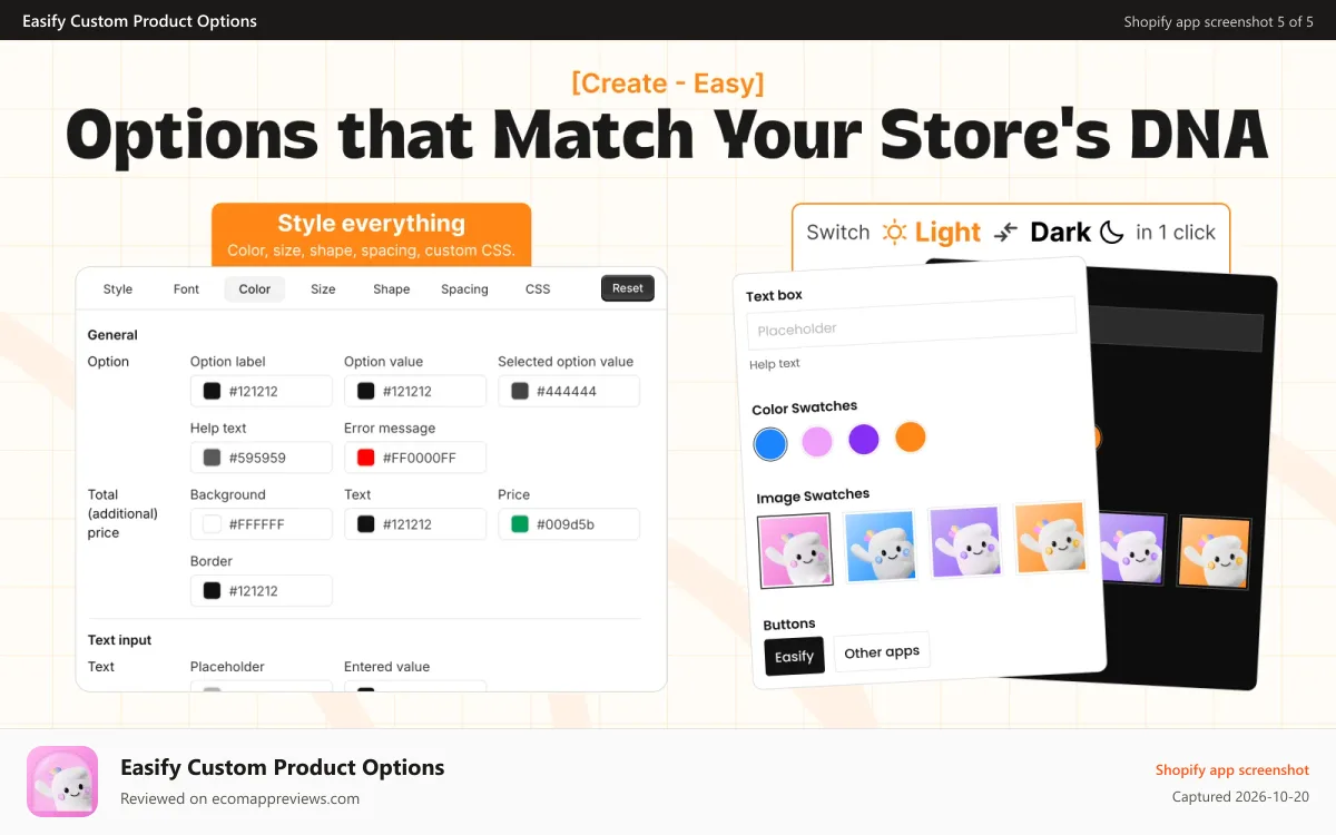 Easify Custom Product Options Shopify app screenshot: Product Customizer, Customize Products, Product Customization