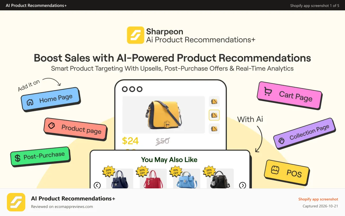 AI Product Recommendations+ Shopify app screenshot: upsell & cross sell