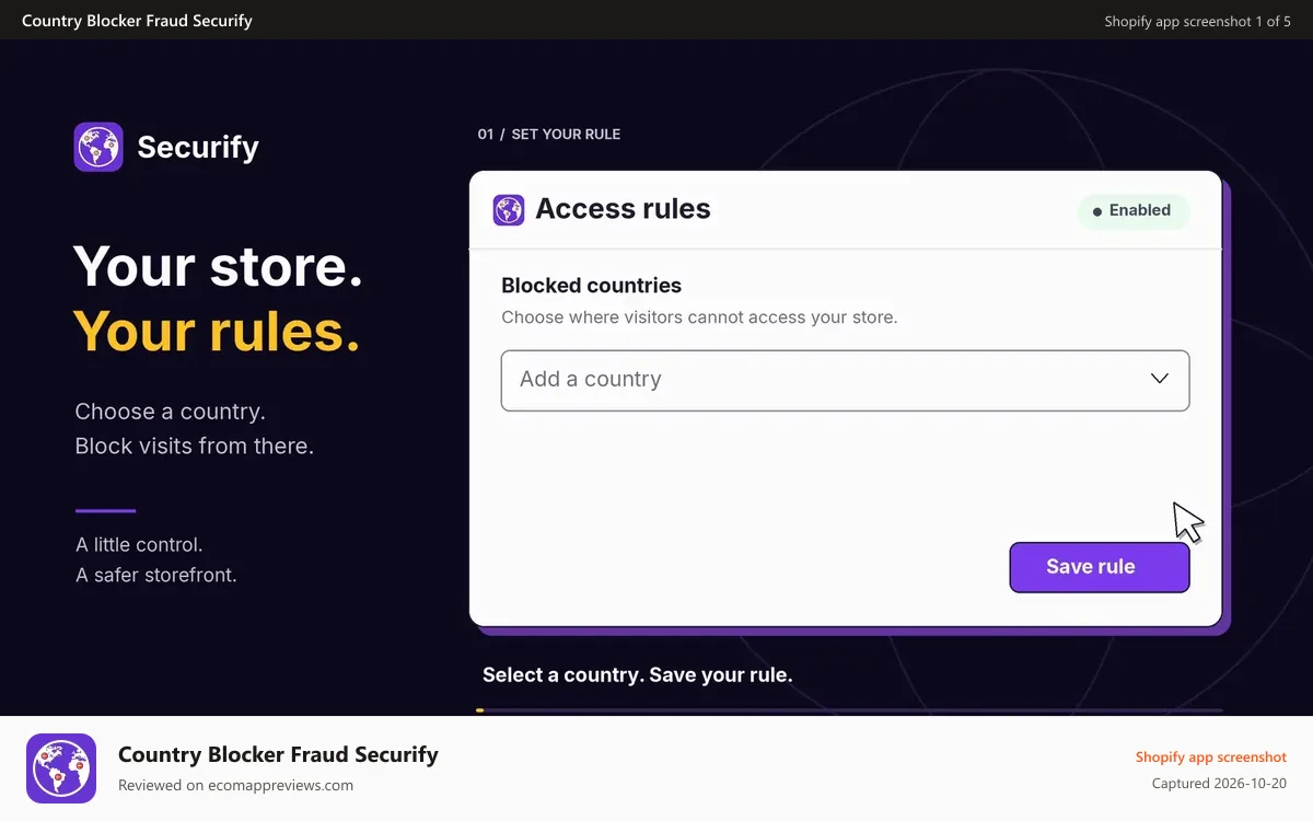Country Blocker Fraud Securify Shopify app screenshot: Securify - Country blocker, VPN and Bot protection