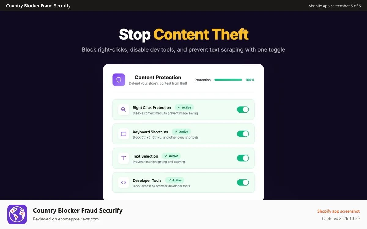 Country Blocker Fraud Securify Shopify app screenshot: Protect your store content