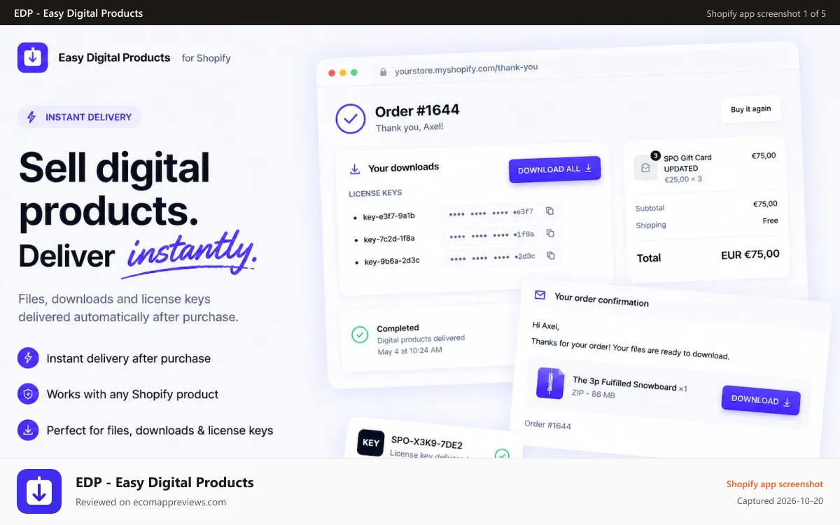 EDP ‑ Easy Digital Products Shopify app screenshot: Sell digital products. Deliver instantly. Files & license keys.