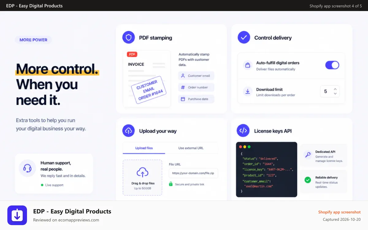 EDP ‑ Easy Digital Products Shopify app screenshot: PDF Stamping, downloads limits, API, upload up to 500Gb