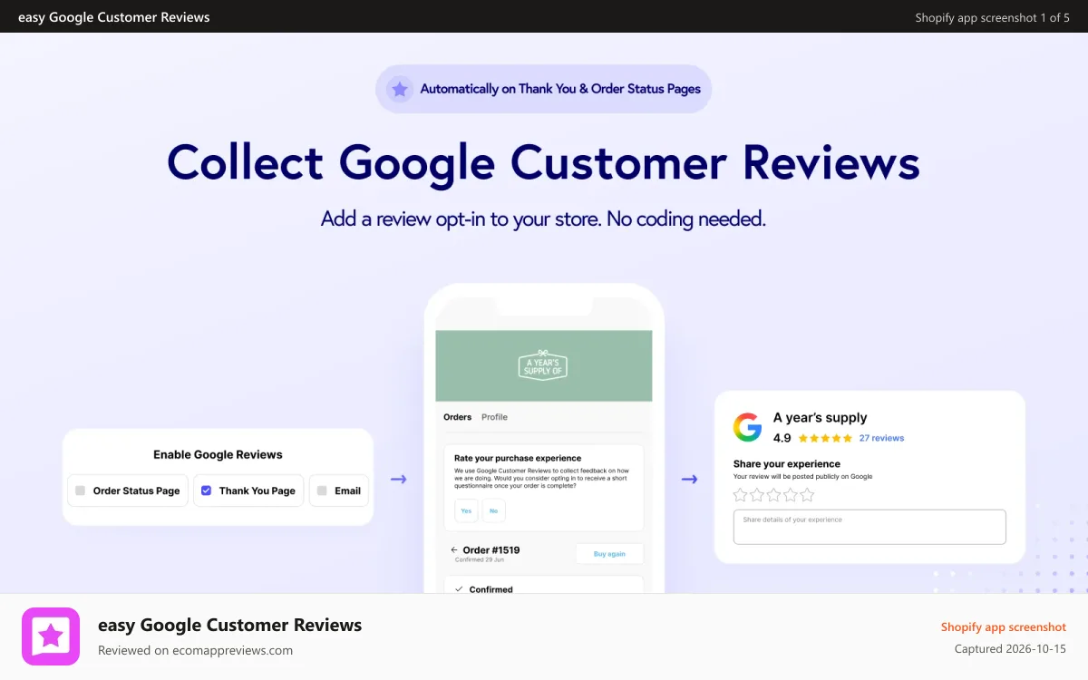 easy Google Customer Reviews Shopify app screenshot: Google Customer Reviews on Shopify