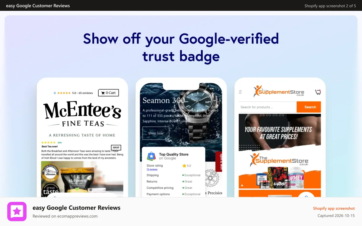 easy Google Customer Reviews Shopify app screenshot: Google Customer Reviews Setup page