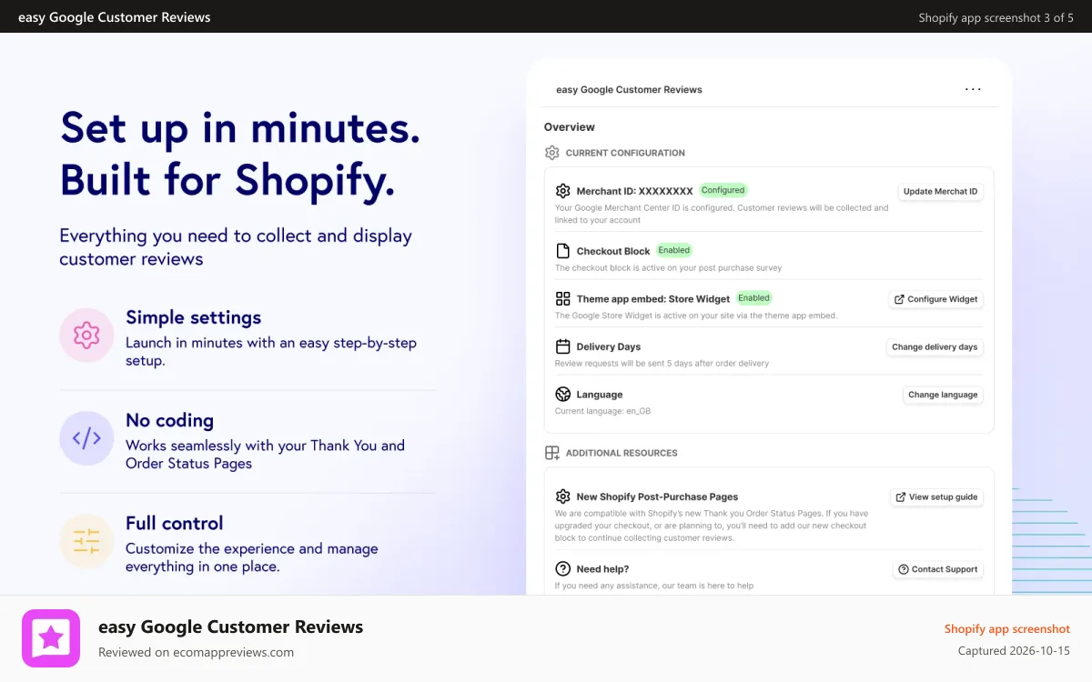 easy Google Customer Reviews Shopify app screenshot: Google Customer Reviews Status Page
