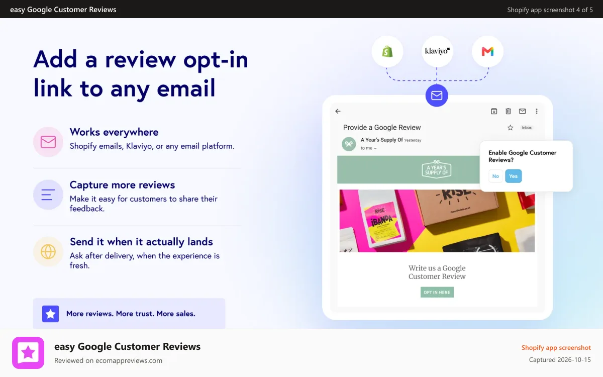easy Google Customer Reviews Shopify app screenshot: Google Customer Reviews via email