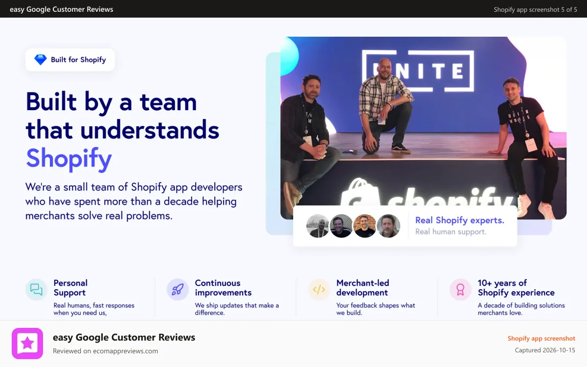 easy Google Customer Reviews Shopify app screenshot: Built by reliable developers