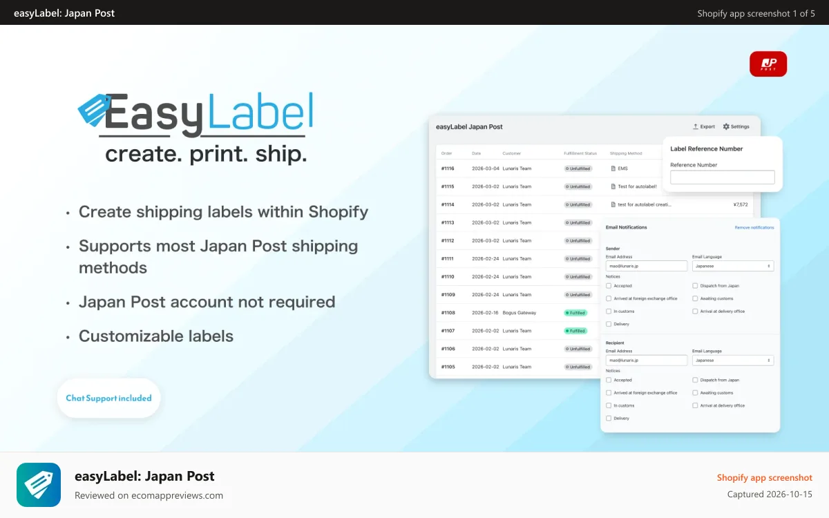 easyLabel: Japan Post Shopify app screenshot: easyLabel