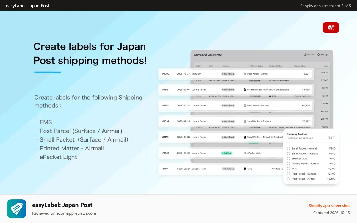 easyLabel: Japan Post Shopify app screenshot: Shipping methods