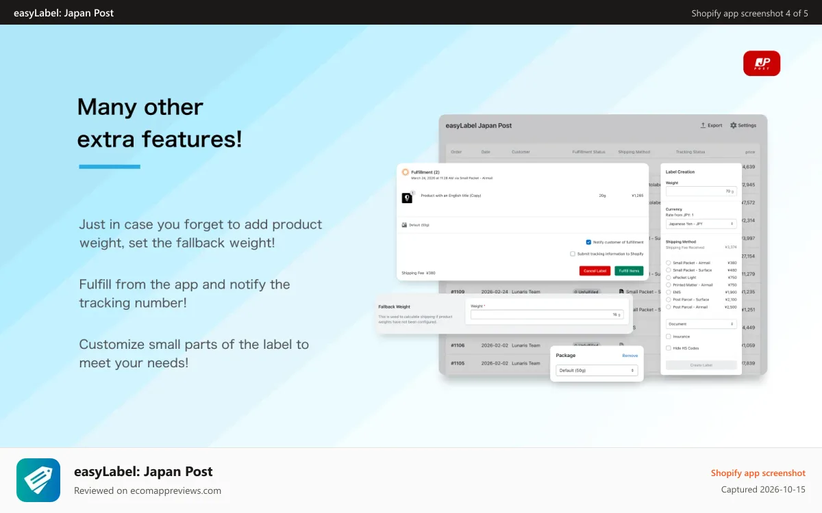 easyLabel: Japan Post Shopify app screenshot: Label Settings