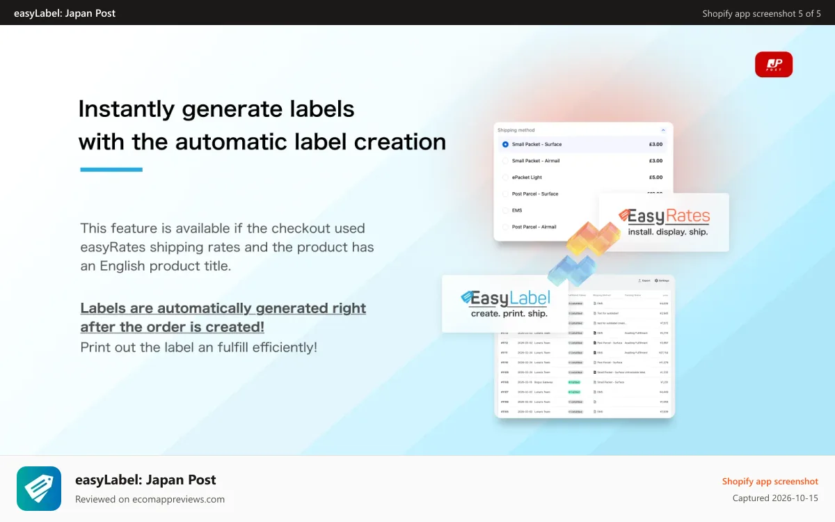 easyLabel: Japan Post Shopify app screenshot: Automatic label creation